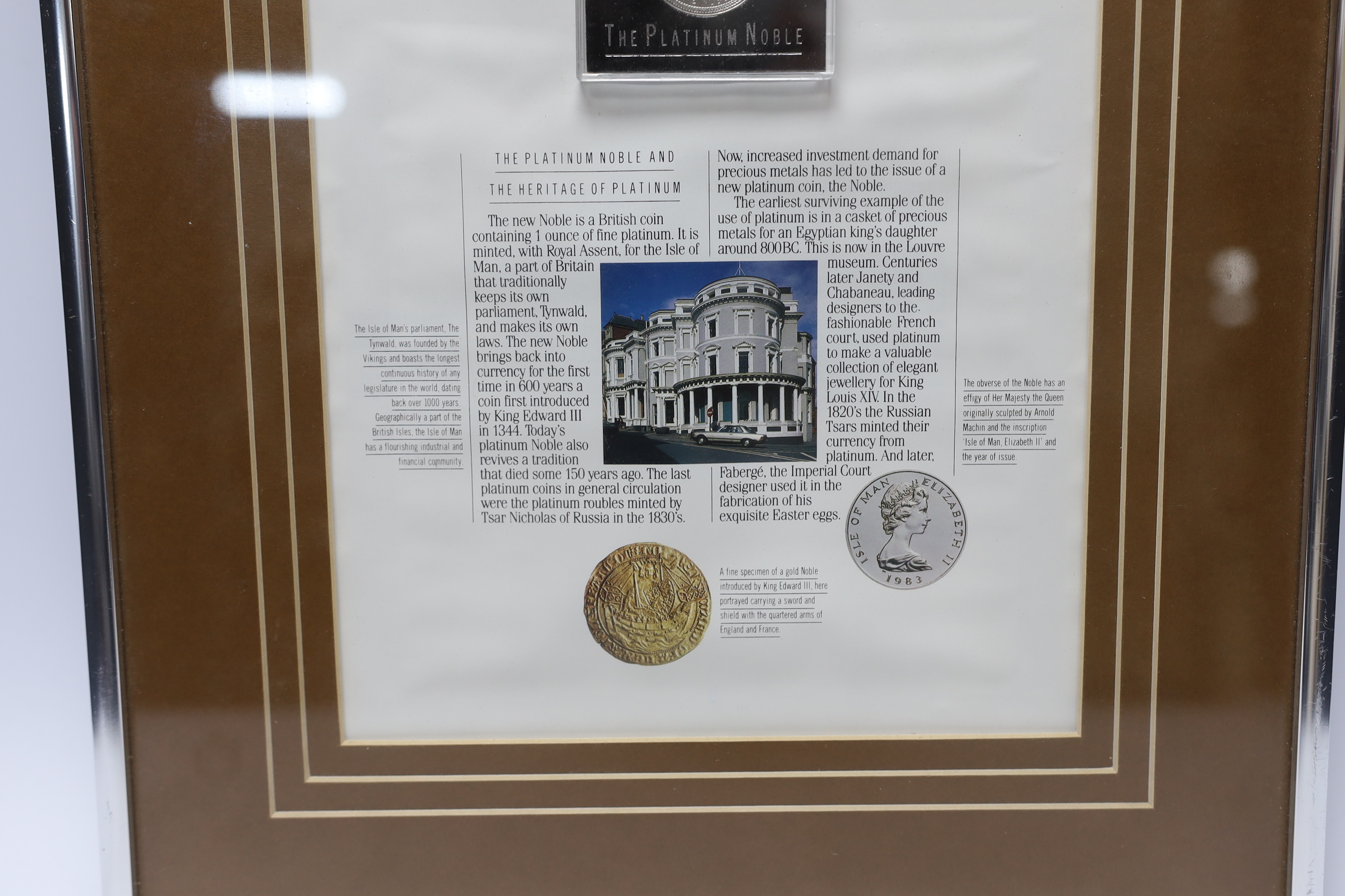 An Isle of Man 1oz. platinum one noble coin, framed display, 19.5cm x 24cm not including mount or frame